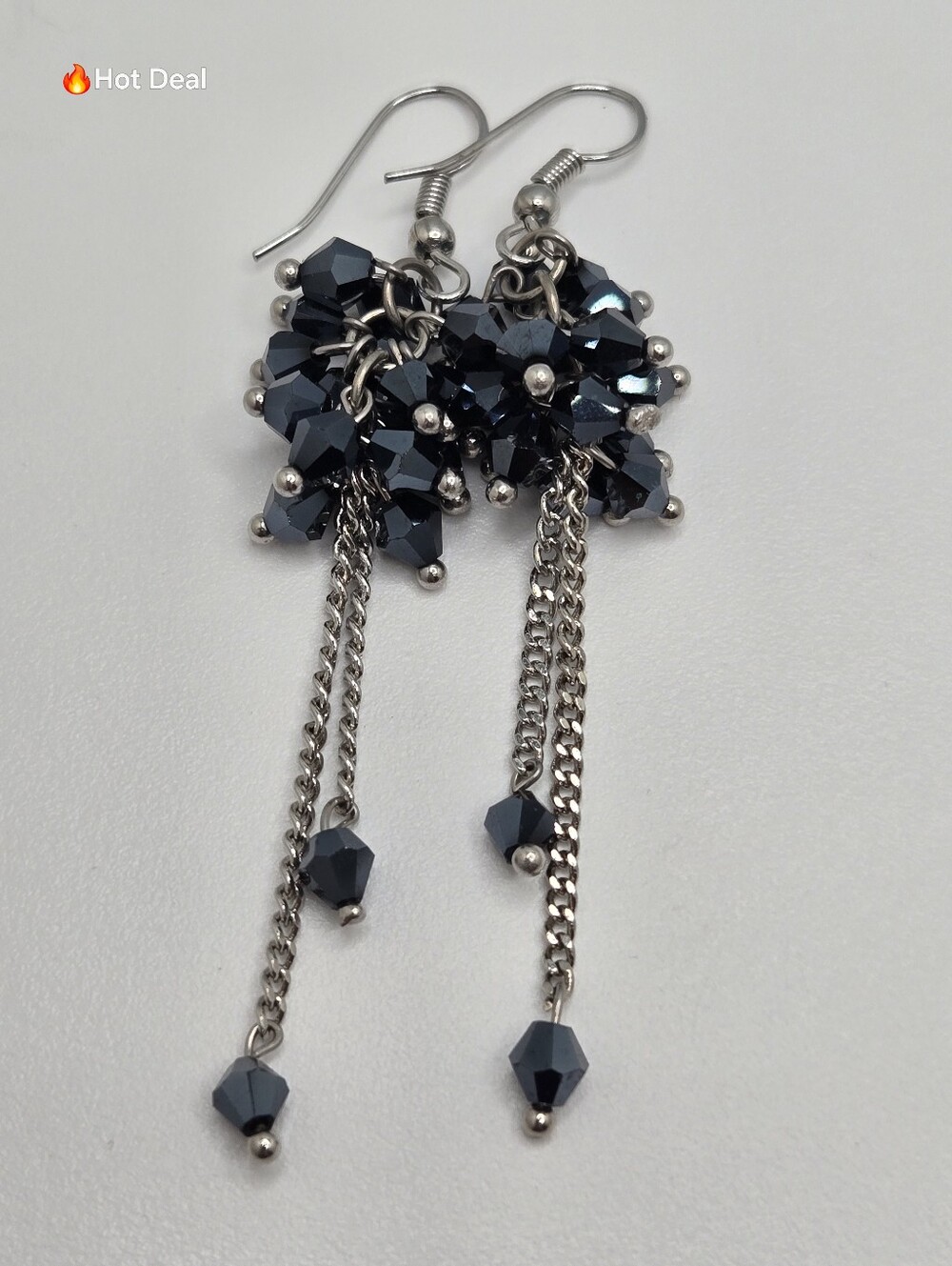 Black Crystal Cluster Chandelier Drop Earrings Silver Tone Sparkly Dangle 2.5"